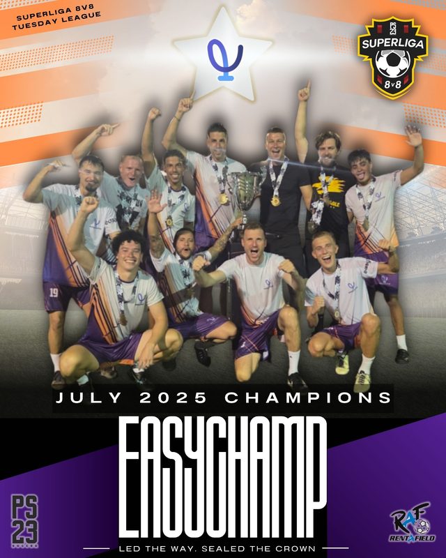 A PS23 graphic reading July 2025 Champions over a photograph of the EasyChamp FC squad.