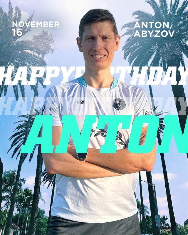 A Gulfstream FC birthday graphic showing Anton Abyzov with his arms folded in a club shirt, with November 16 and his name across the sky.