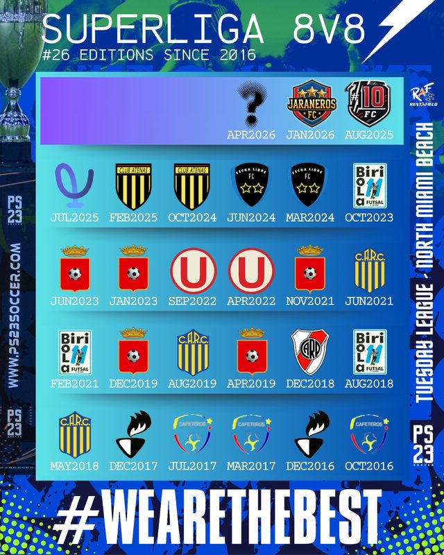 The PS23 Superliga 8v8 honours board listing the winners of 26 editions since 2016, with EasyChamp against July 2025.