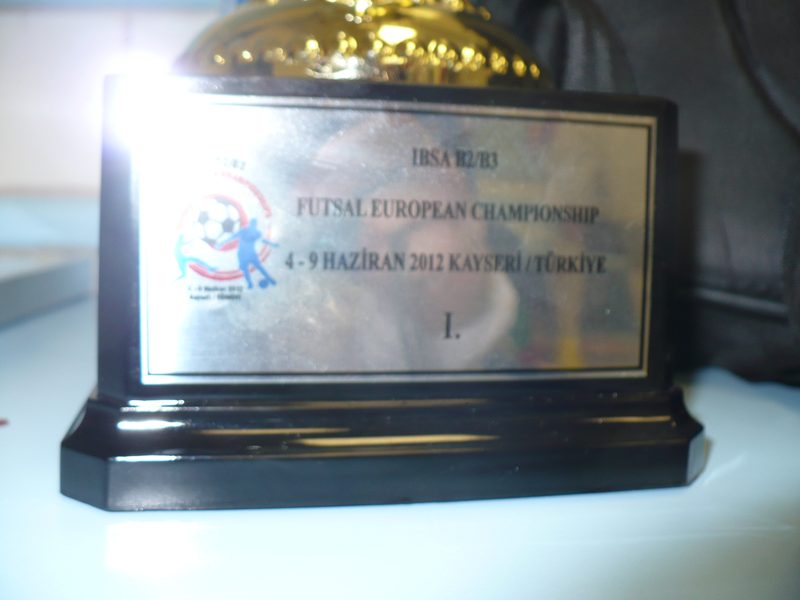 Close-up of the engraved plate on the 2012 European Championship trophy in Kayseri.