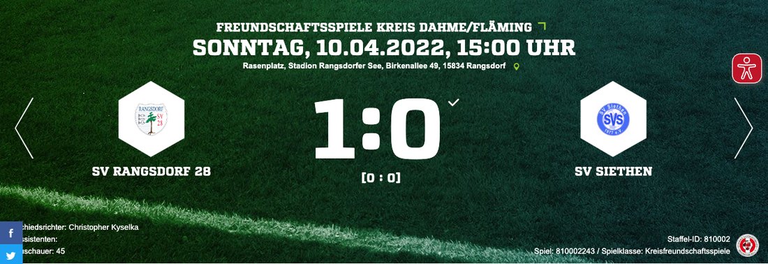 The fussball.de scoreboard for SV Rangsdorf 28 against SV Siethen on 10 April 2022, showing a one nil result.